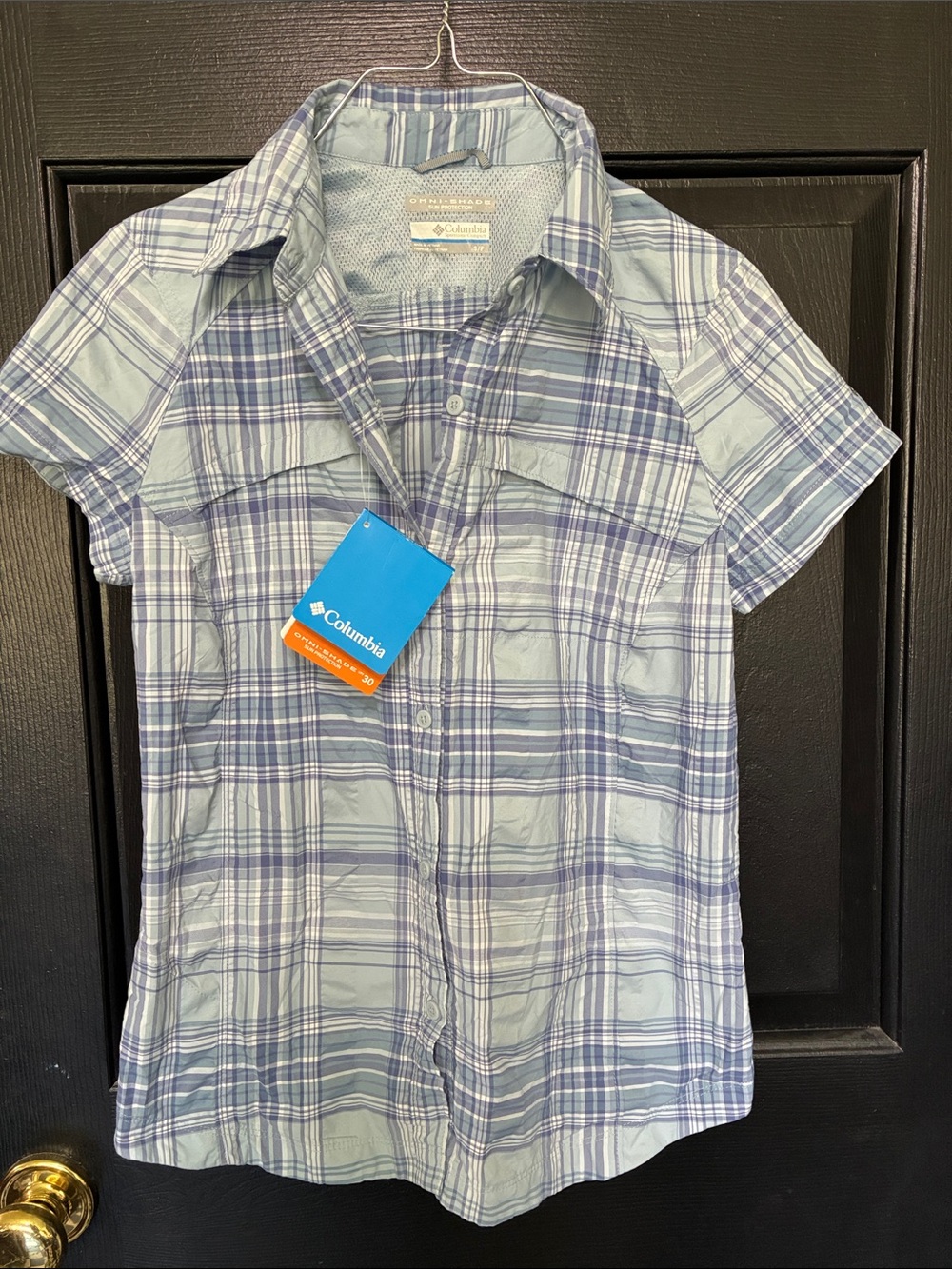 Columbia Omni-Shade Light Blue and Navy Plaid Short-Sleeve Button-Down Shirt